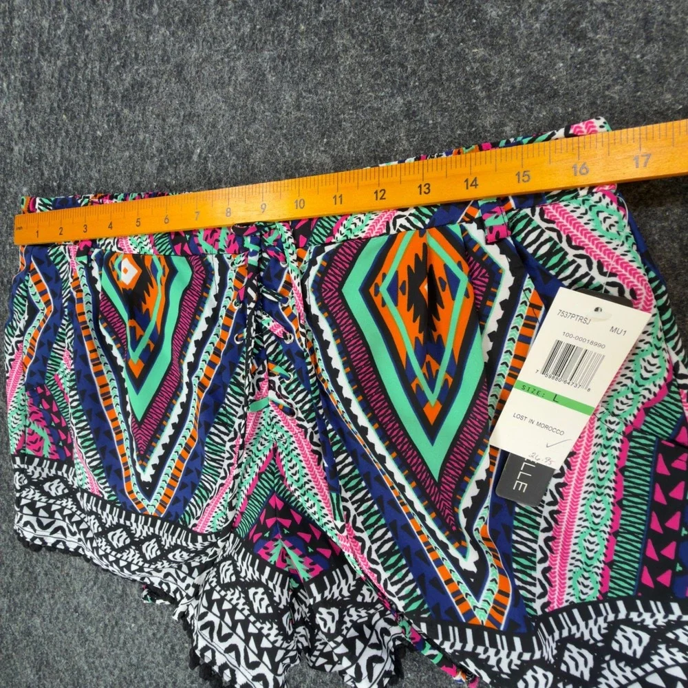 My Michelle Tribal Shorts NWT Womens L Multicolor Lace Up Pom Pom Hem